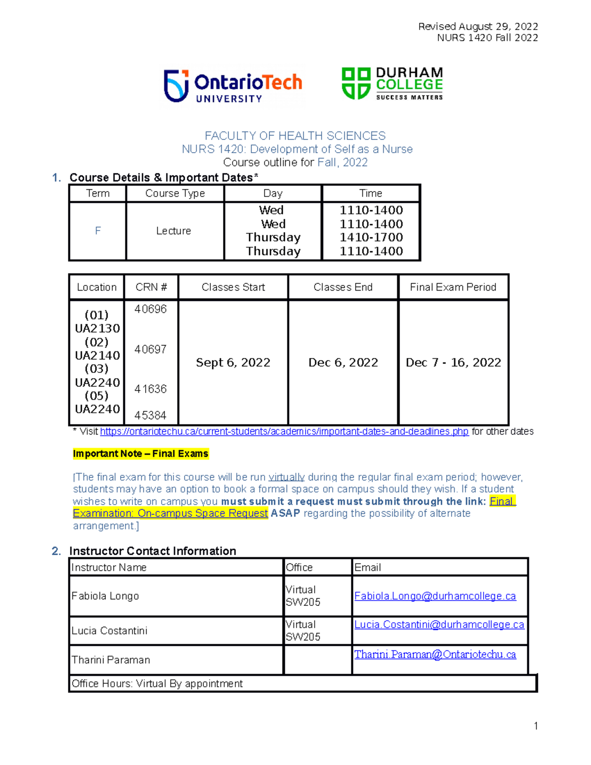 NURS 1420 Course Outline - Development of Self as a Nurse (Fall 2022 ...