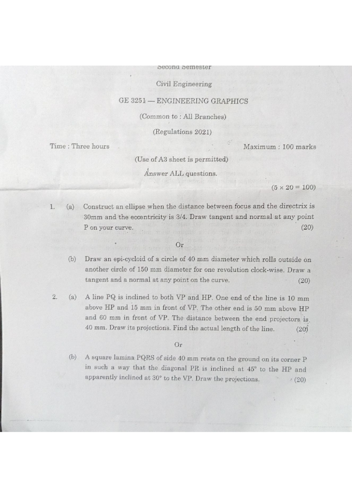 Engineering Graphics GE 3251 Final Exam Questions and Solutions ...