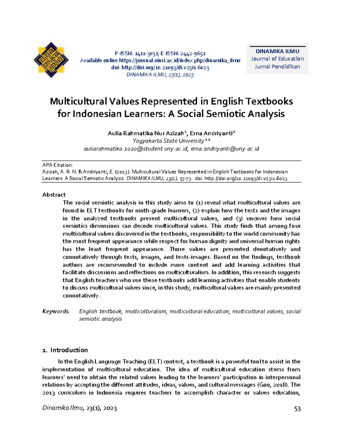 Multicultural Values in ELT Textbooks for Indonesian Learners: A Study ...