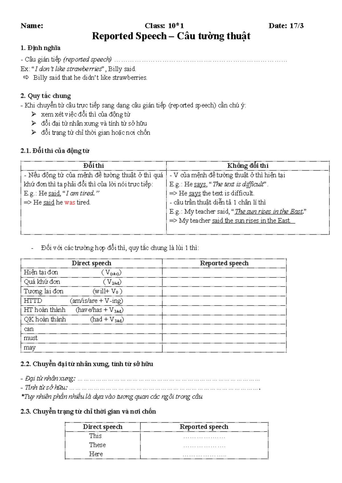 10*1 Reported Speech - Review Notes and Exercises - Studocu