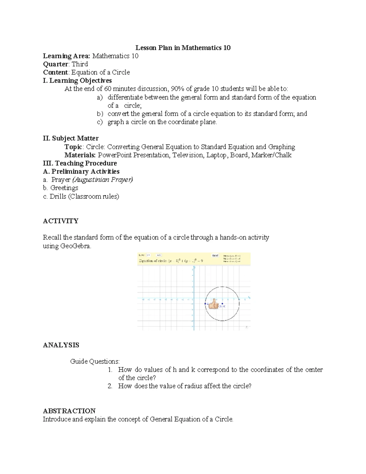 Mathematics 10 Lesson Plan: Equation of a Circle (3rd Quarter) - Studocu