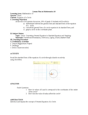 Mathematics 10 Lesson Plan: Equation of a Circle (3rd Quarter) - Studocu