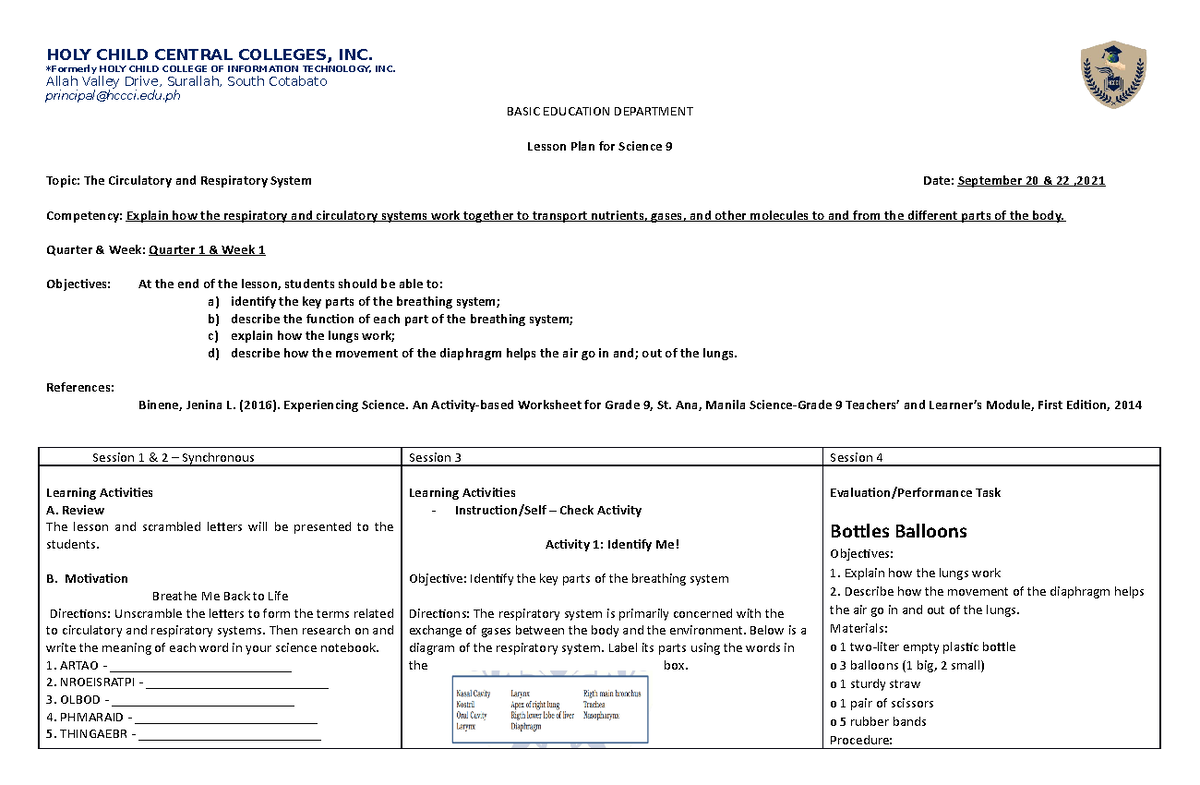LP 1 Science 9 - Lesson Plan on Circulatory and Respiratory Systems ...