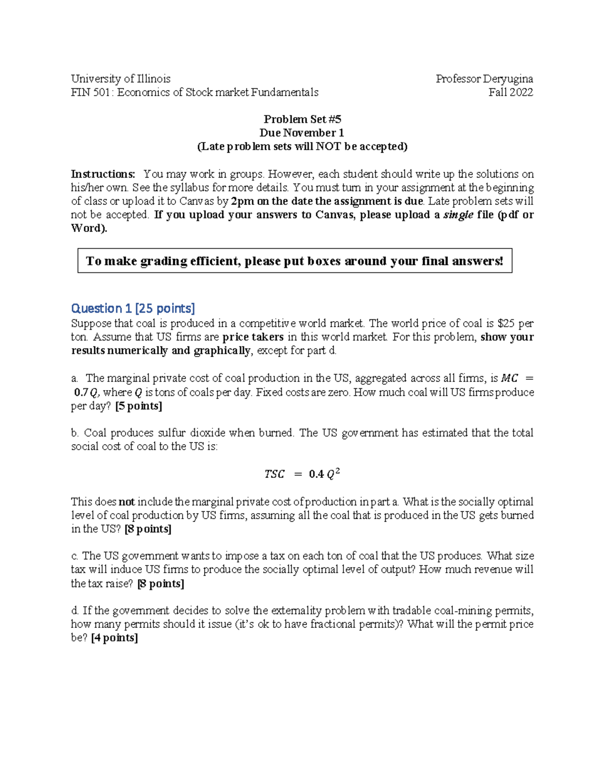 FIN 501: Problem Set on Economics of Stock Market Fundamentals - Studocu