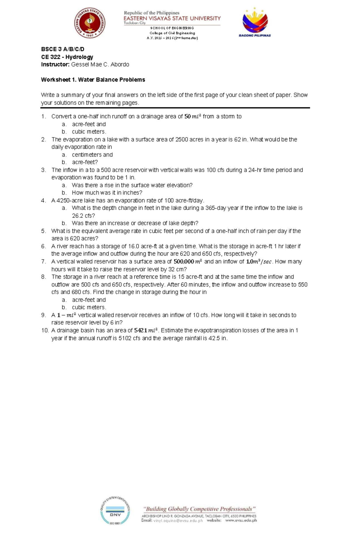 03. CE 322 - Hydrology Worksheet 1: Water Balance Problems - Studocu