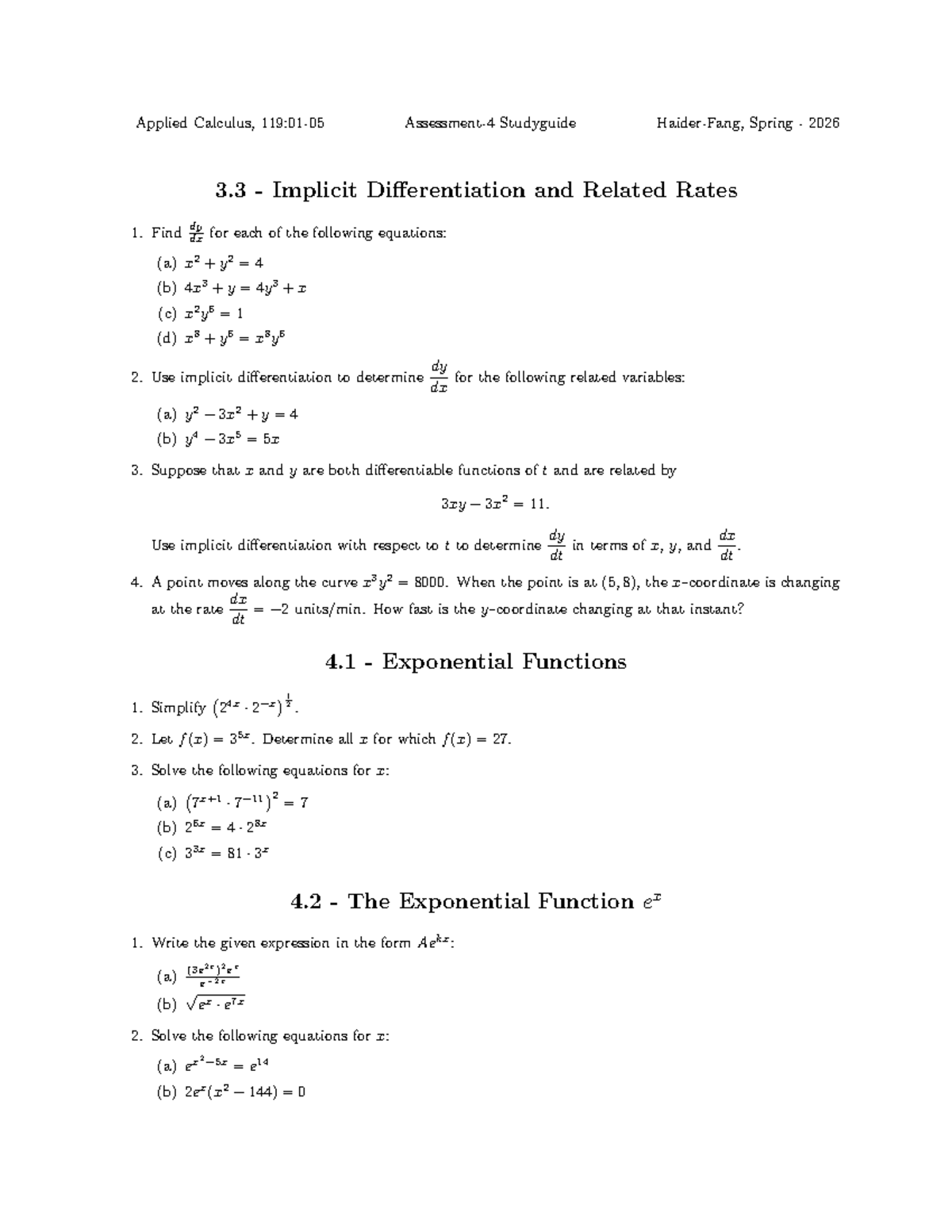 Applied Calculus 119:01-05 Assessment-4 Studyguide - Studocu