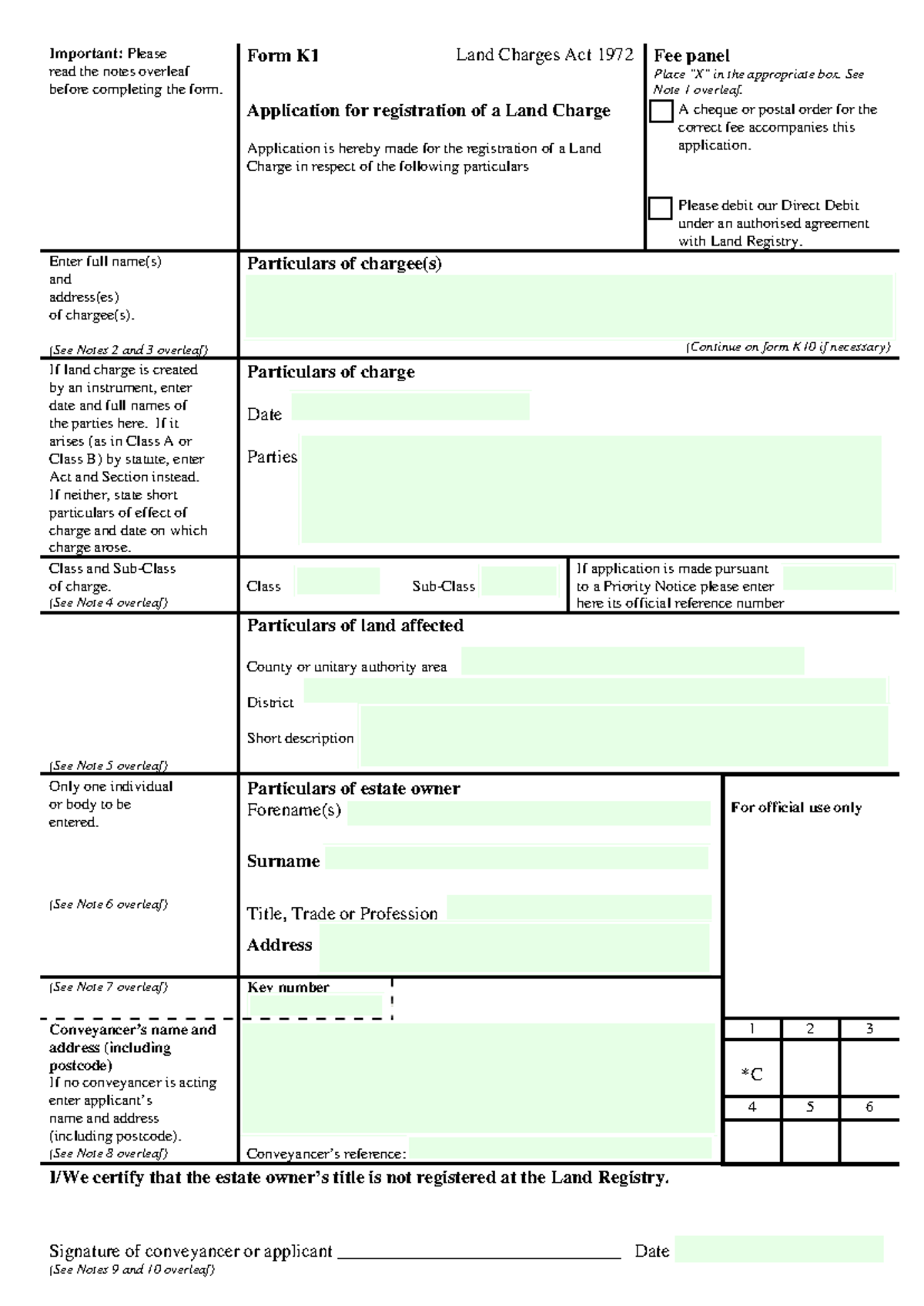 Form K1: Application for Land Charge in Unregistered Land - Studocu