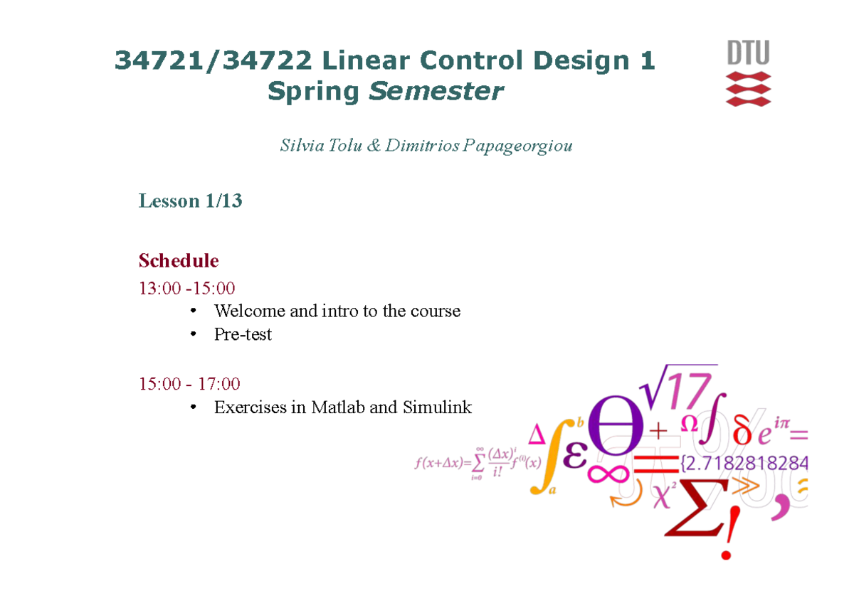 Linear Control Design 1 (34721) Welcome Lecture: Intro to Control ...