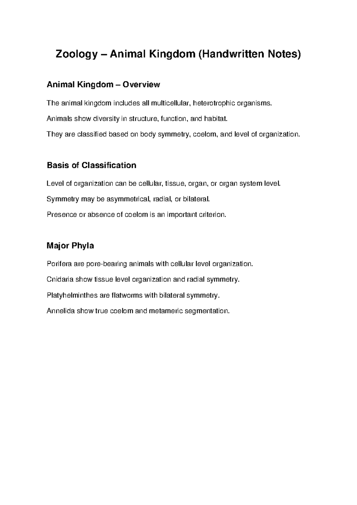 Zoology Animal Kingdom Handwritten Notes - Zoology – Animal Kingdom ...