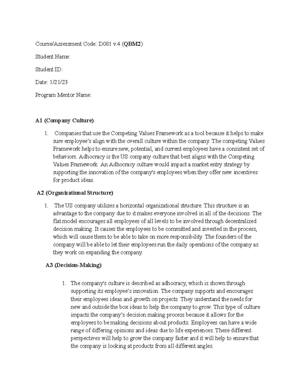 D081 Task 1: Analyzing Company Culture & Market Entry Strategies - Studocu
