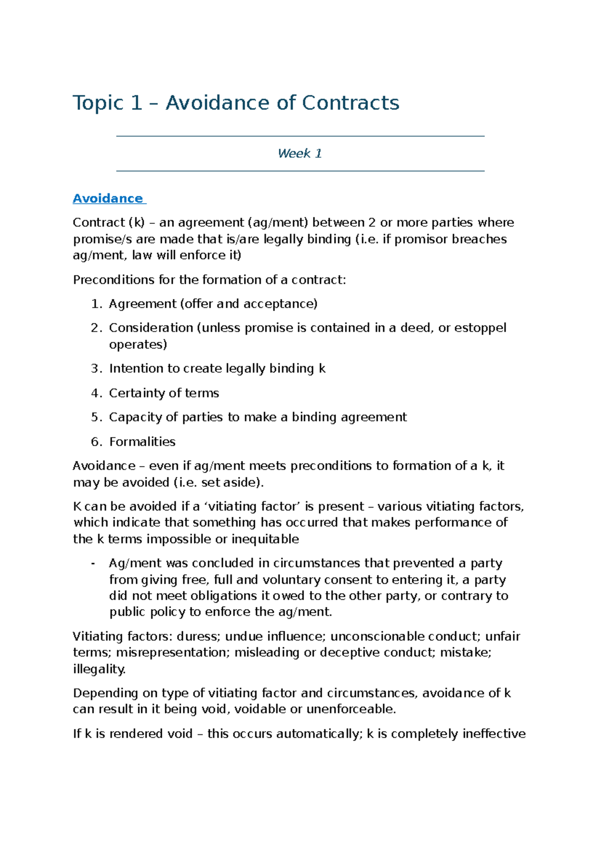 Avoidance of Contracts: Lecture Notes for Law 101 (Weeks 1-5) - Studocu
