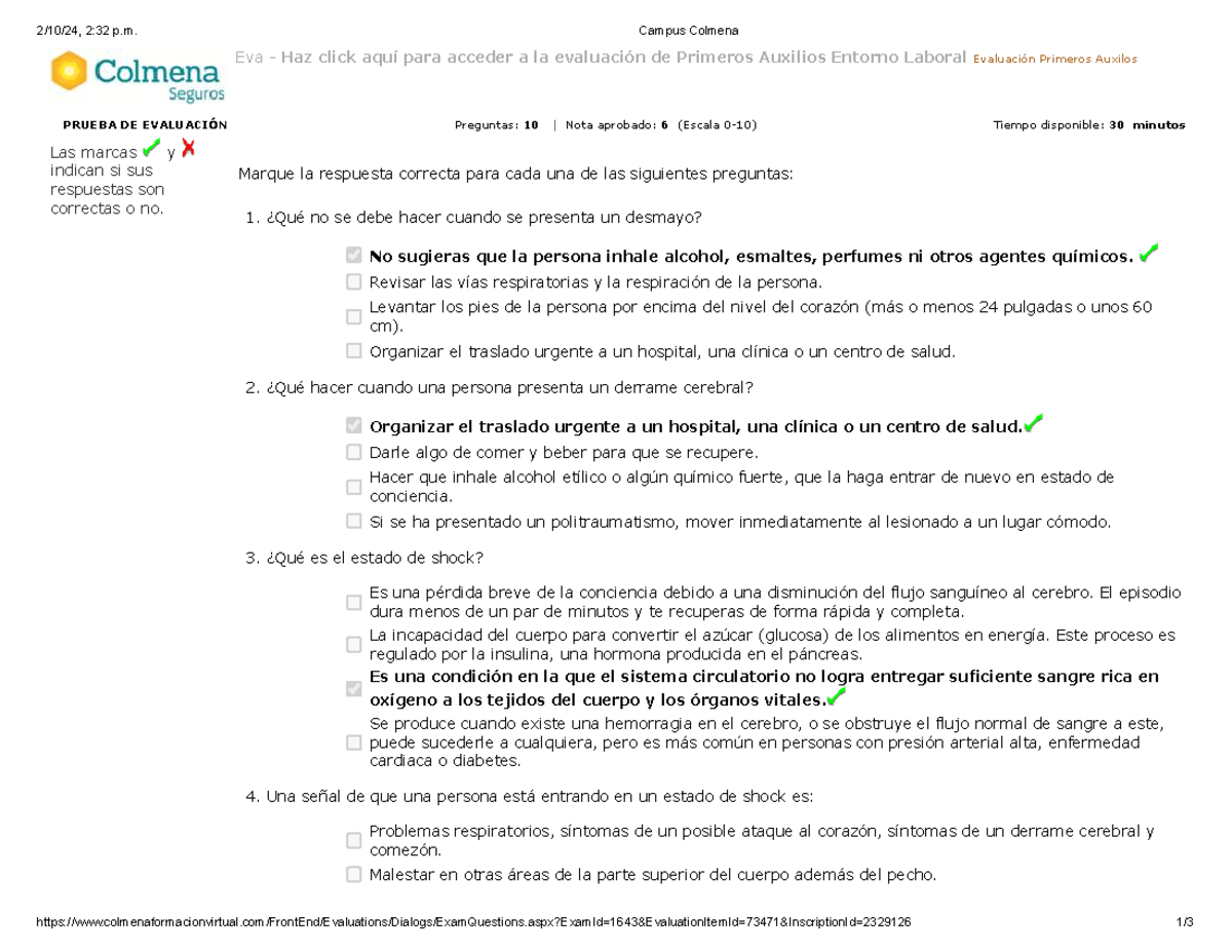 Evaluación de Primeros Auxilios en Entorno Laboral - Campus Colmena 2 - Document Preview