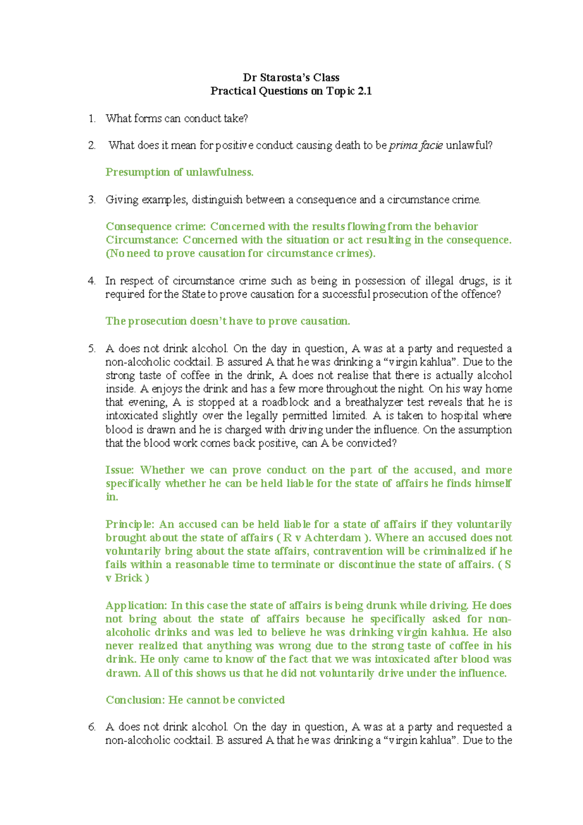 2026.02.18 Criminal Law Practical Questions on Topic 2: Conduct and ...