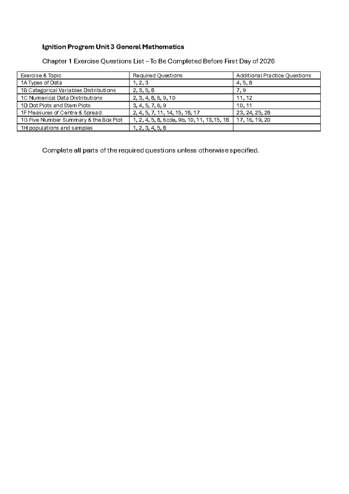 Ignition Program Unit 3 General Mathematics Exercise Questions - Studocu