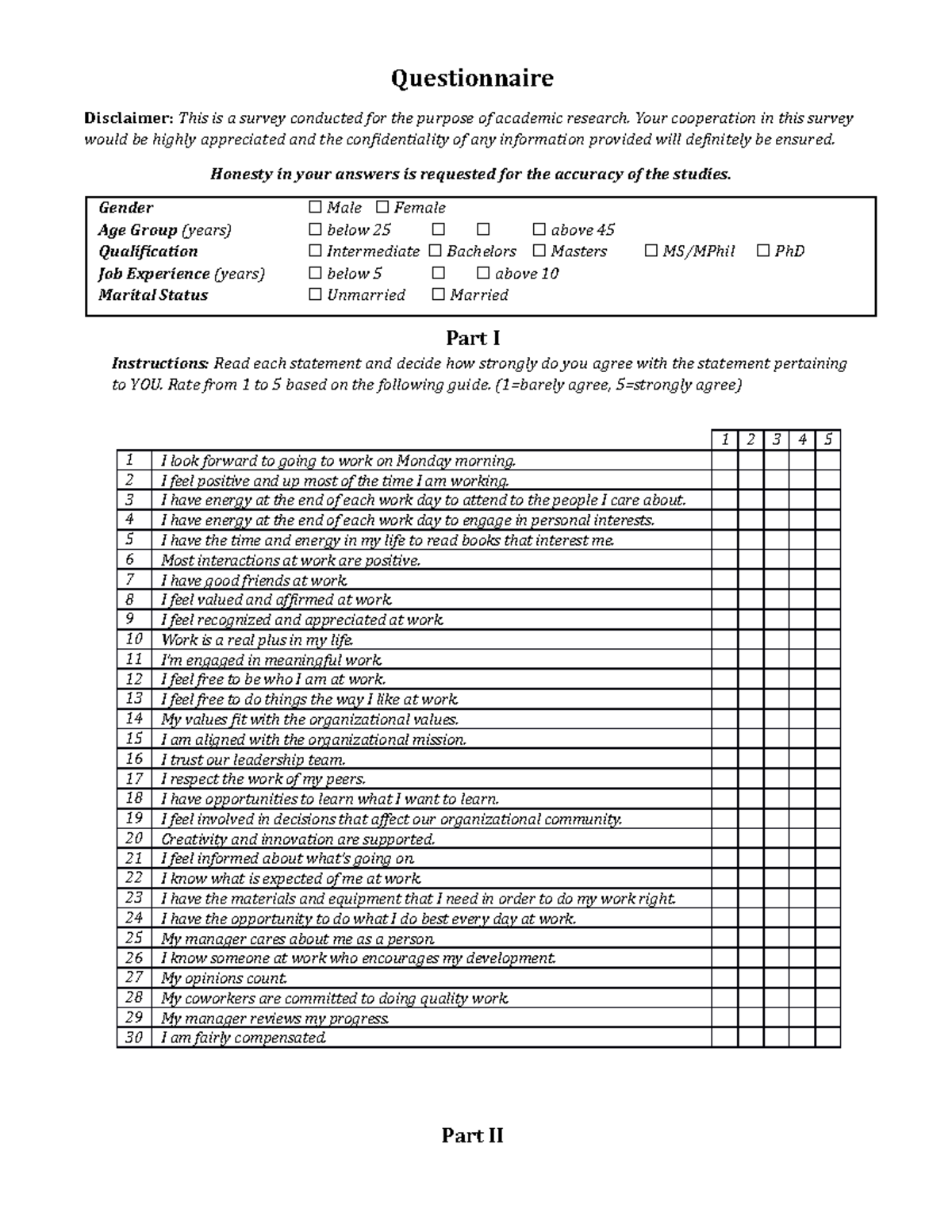 Questionnaire Final Exam for Academic Research - Studocu