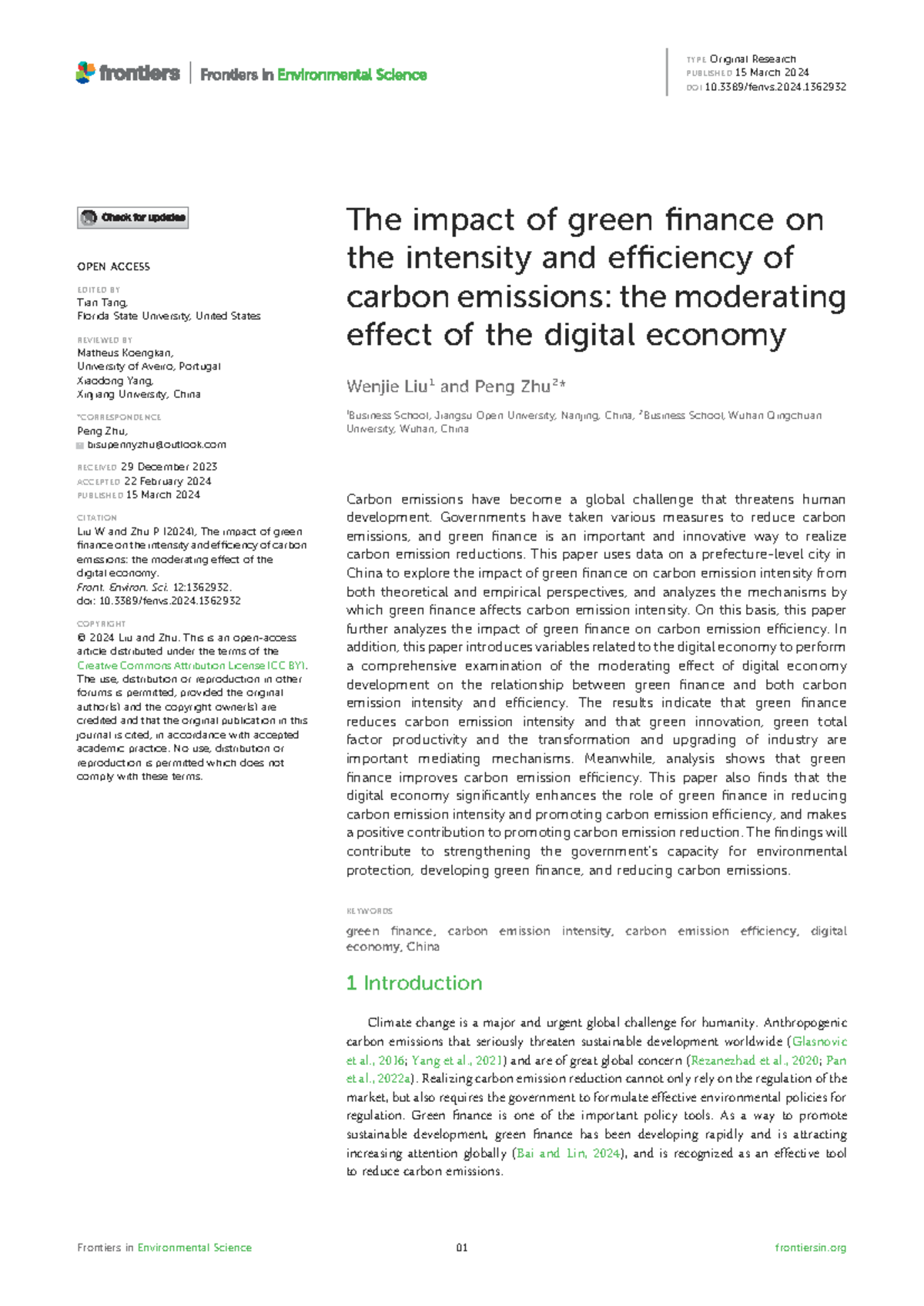 Impact of Green Finance on Carbon Emission Intensity & Efficiency - Studocu