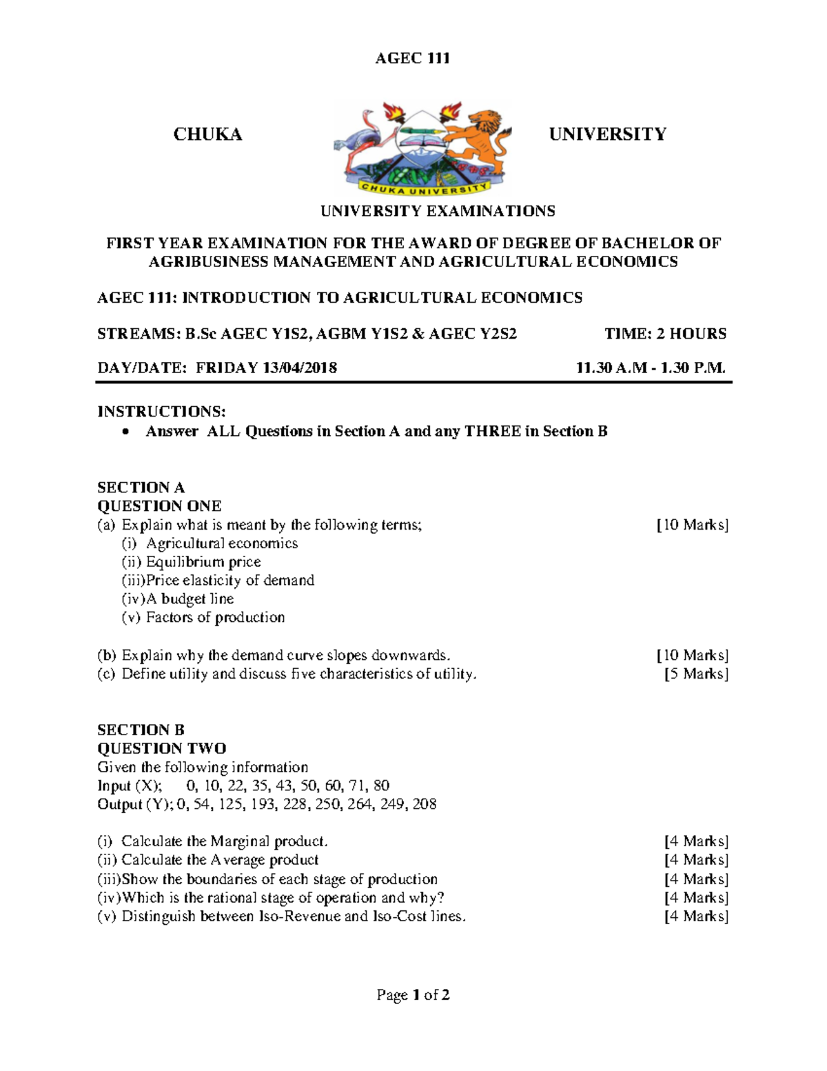 AGEC 111 - Summary Notes on Agricultural Economics Concepts - Studocu
