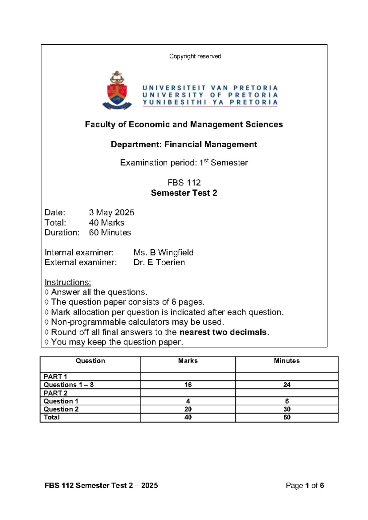 FBS 112 Semester Test 2: Financial Management Exam - May 2025 - Studocu