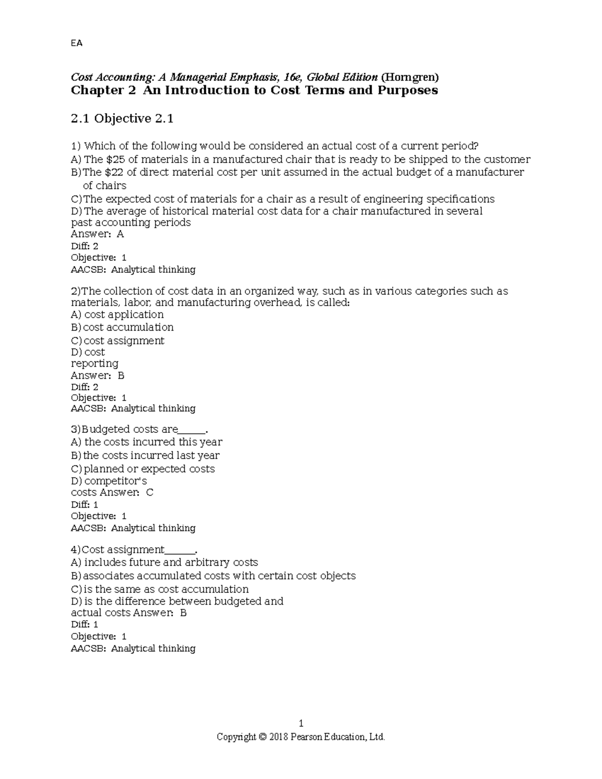Test bank chapter 2 an introduction to cost terms and purposes - EA 1 ...