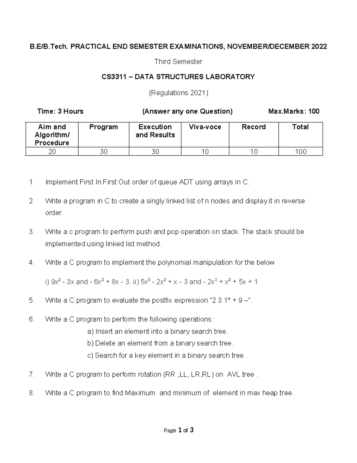 CS3301 Data Structures Question Bank: Unit I - Lists and Trees - Studocu