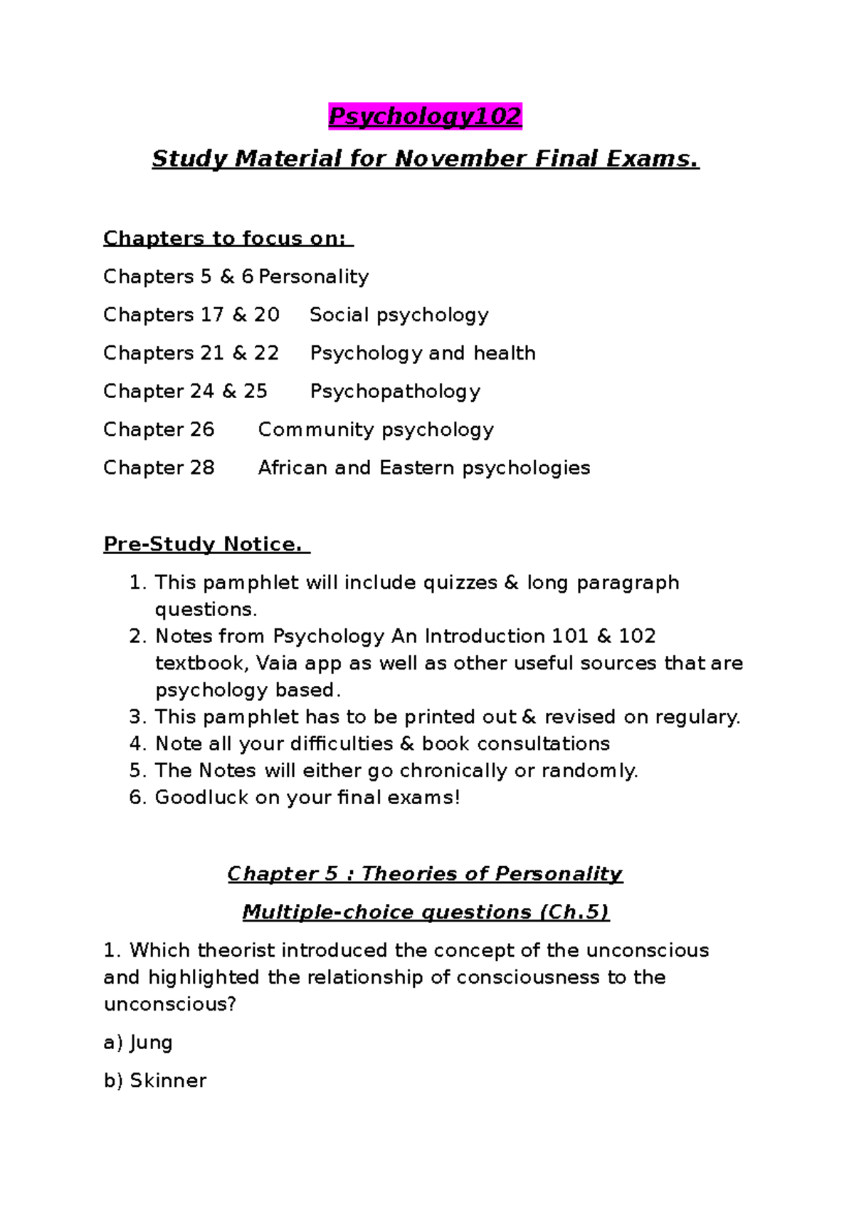 Psychology 102 - Final Exam Study Guide: Key Chapters and Topics - Studocu