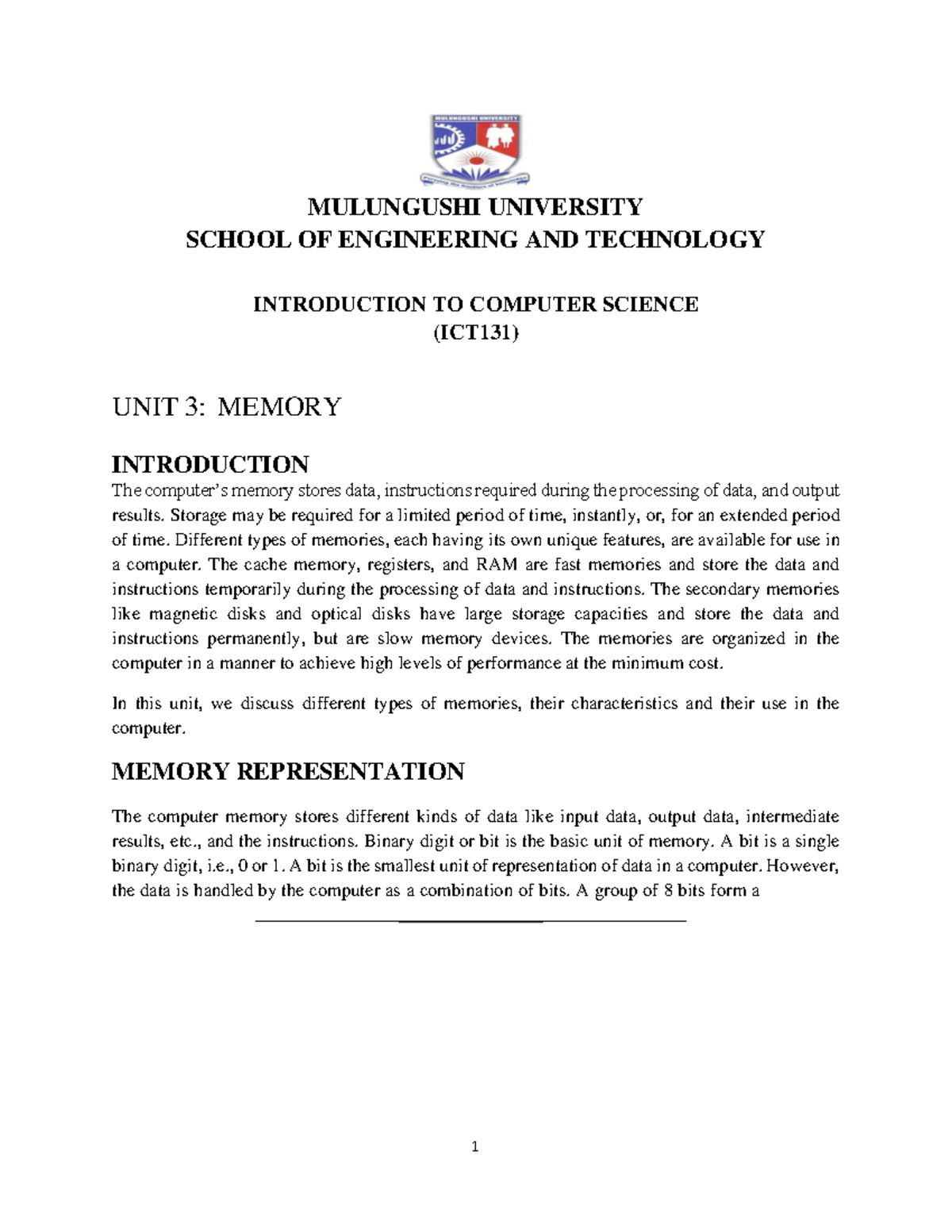 MULUNGUSHI UNIVERSITY ICT131 UNIT 3: Understanding Computer Memory ...