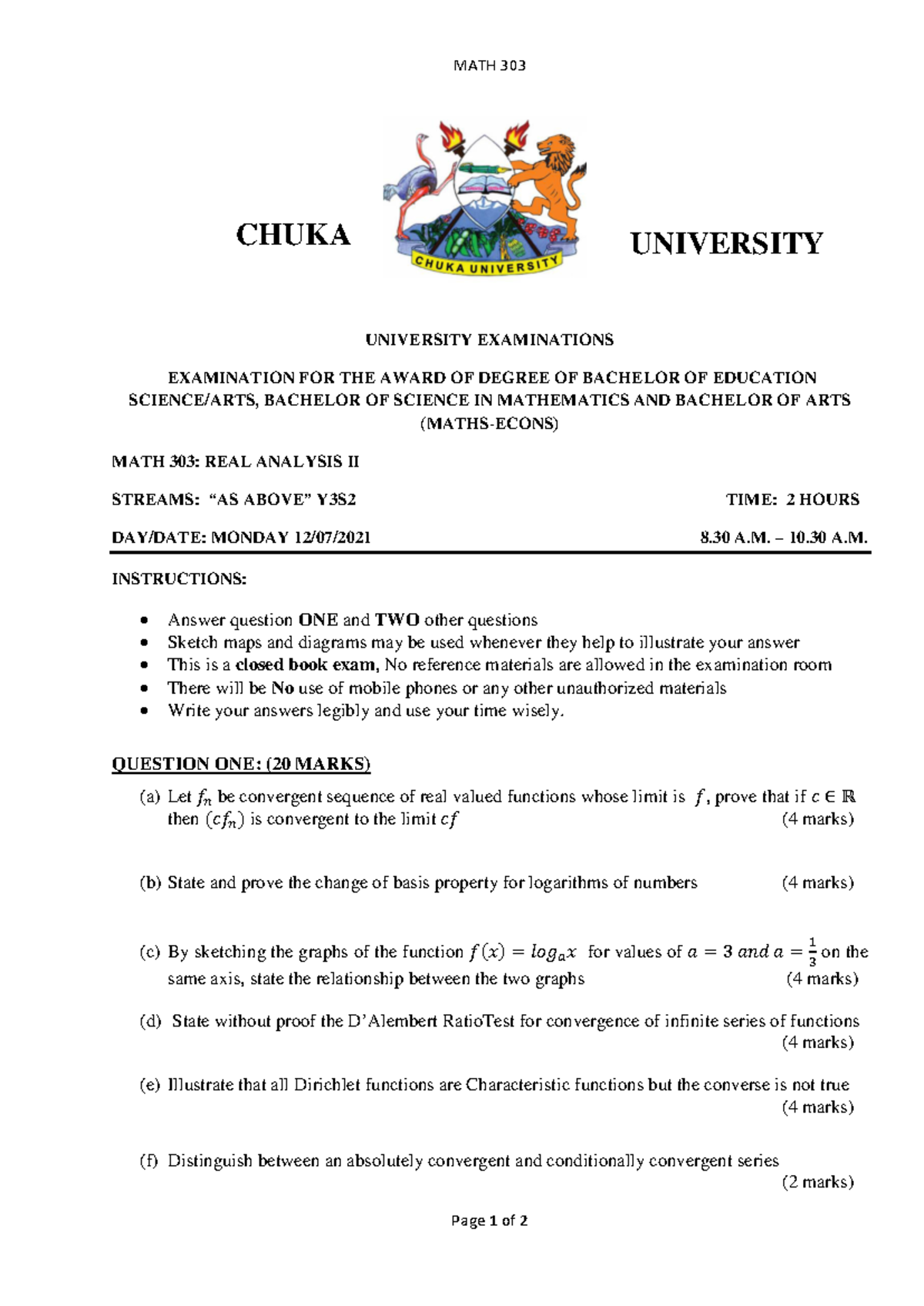 MATH 303: Real Analysis II - Chuka University Exam Notes - Studocu