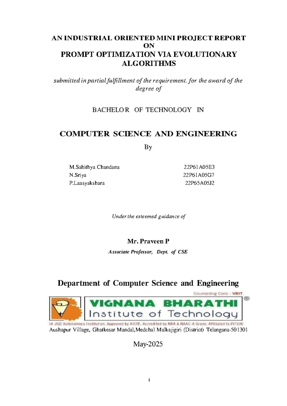 B.Tech Mini Project Report: Prompt Optimization via Evolutionary ...