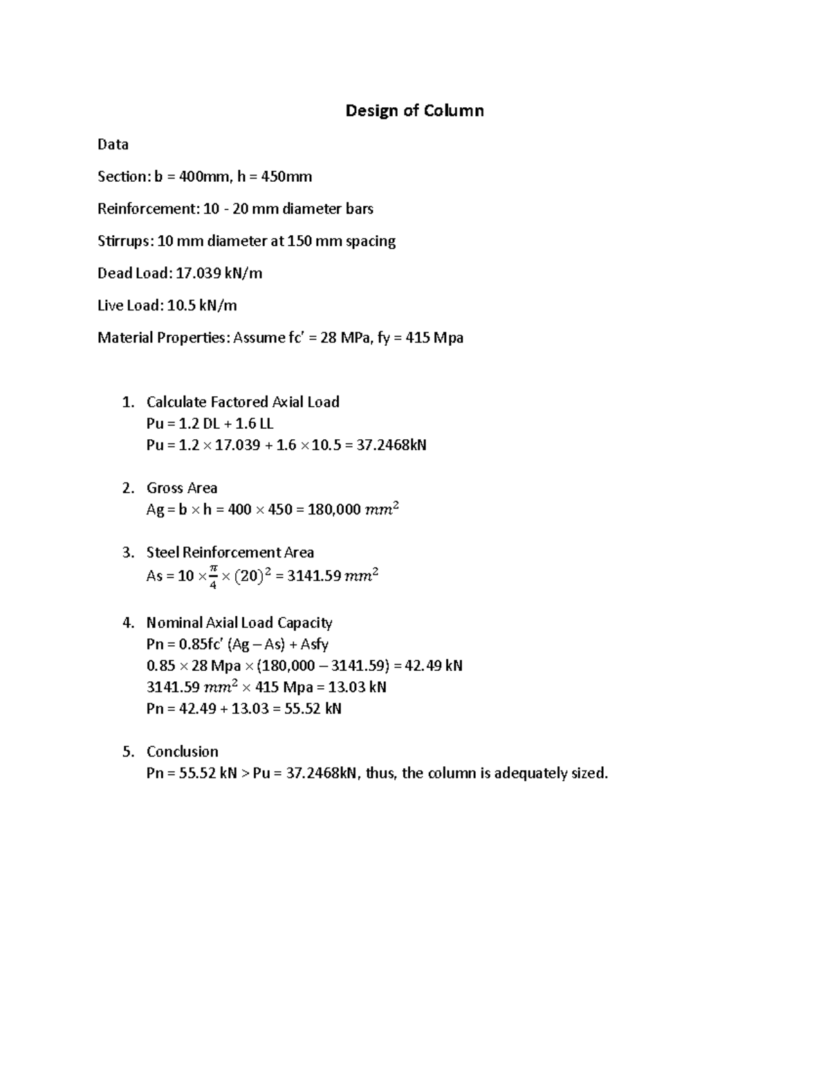 Design Analysis of Column - Design of Column Data Section: b = 400mm, h ...