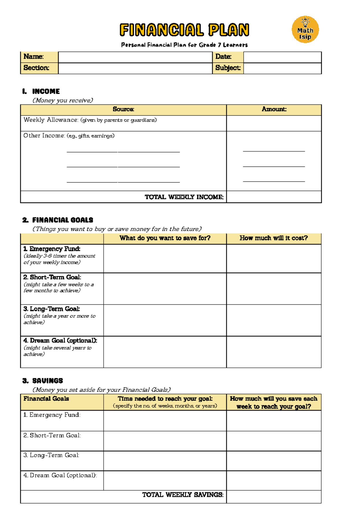 Financial Plan Worksheets for Grade 7 Learners - Studocu