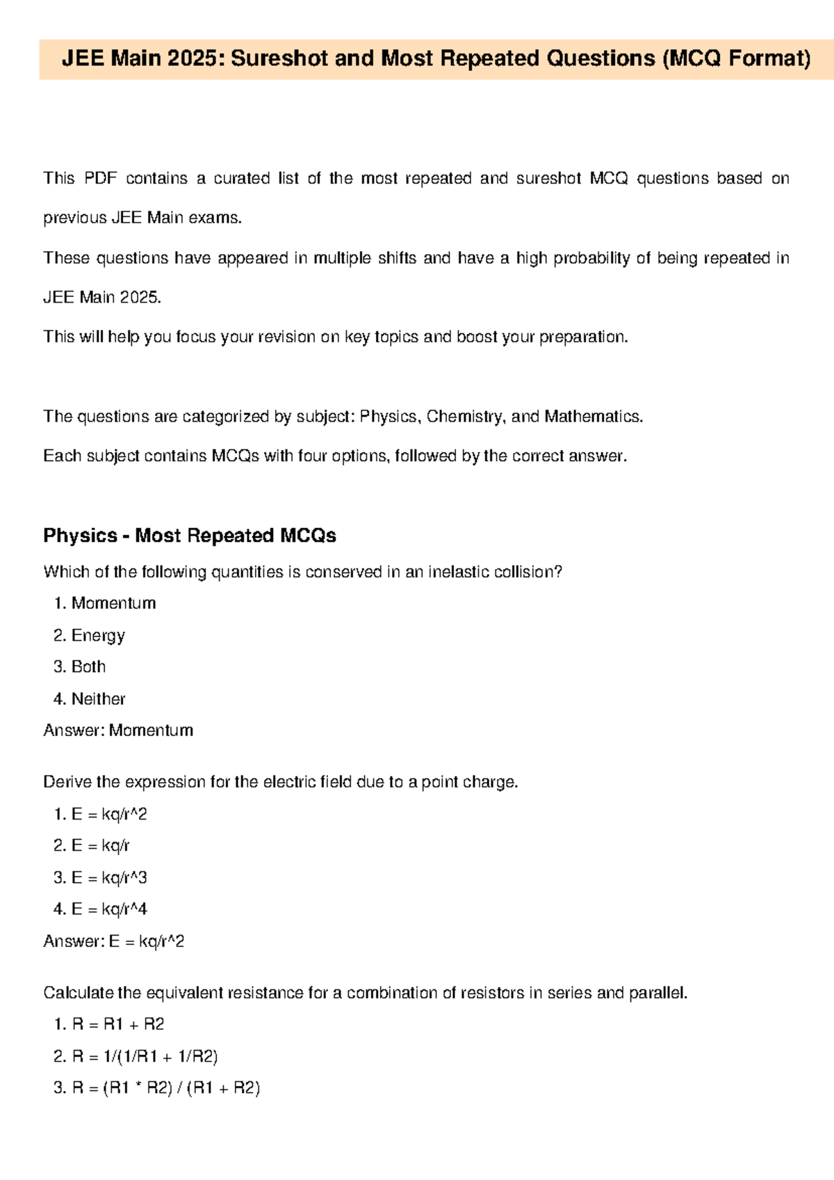 JEE Main 2025: Most Repeated MCQs for Physics, Chemistry & Math - Studocu