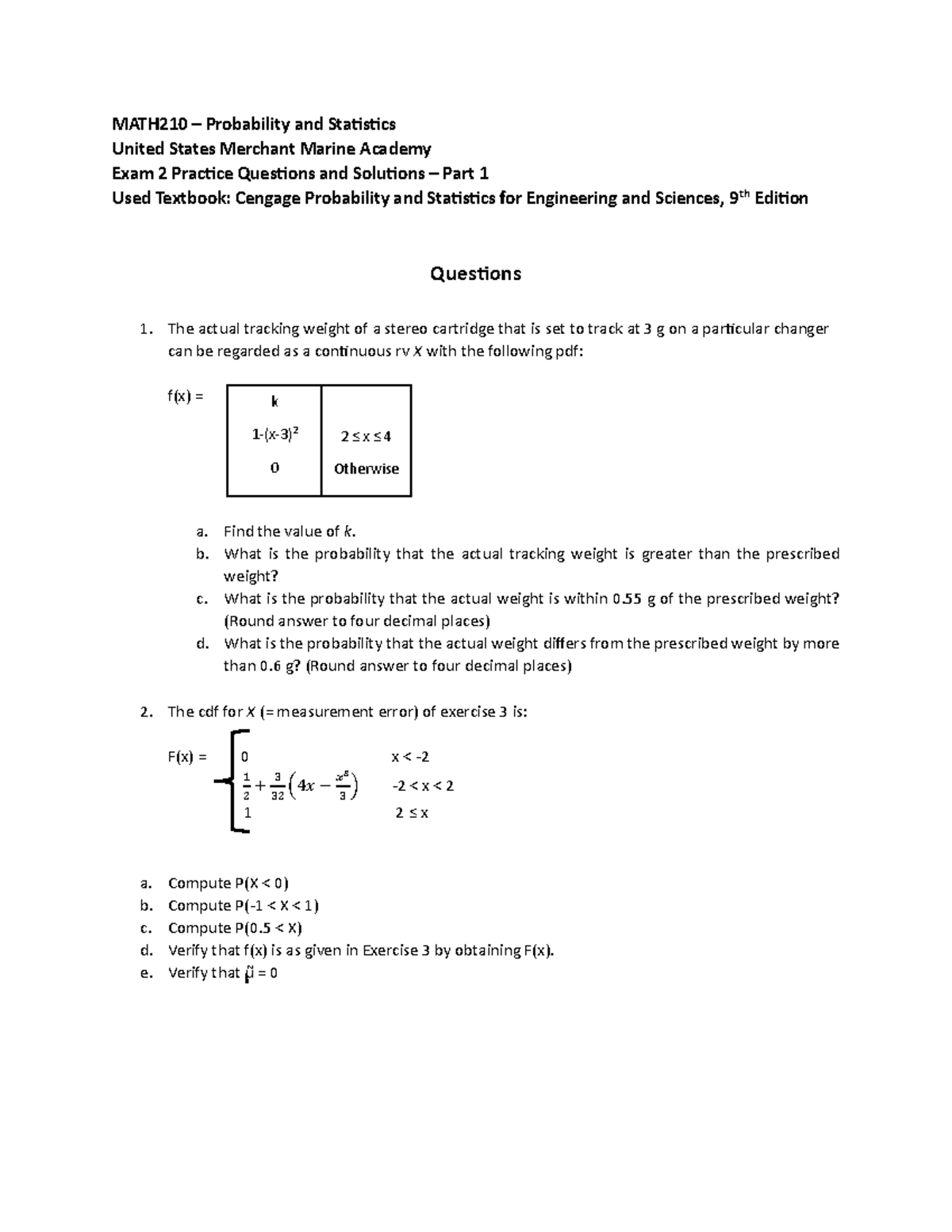 MATH210 Exam 2 Practice Questions & Solutions - Part 1 - Studocu
