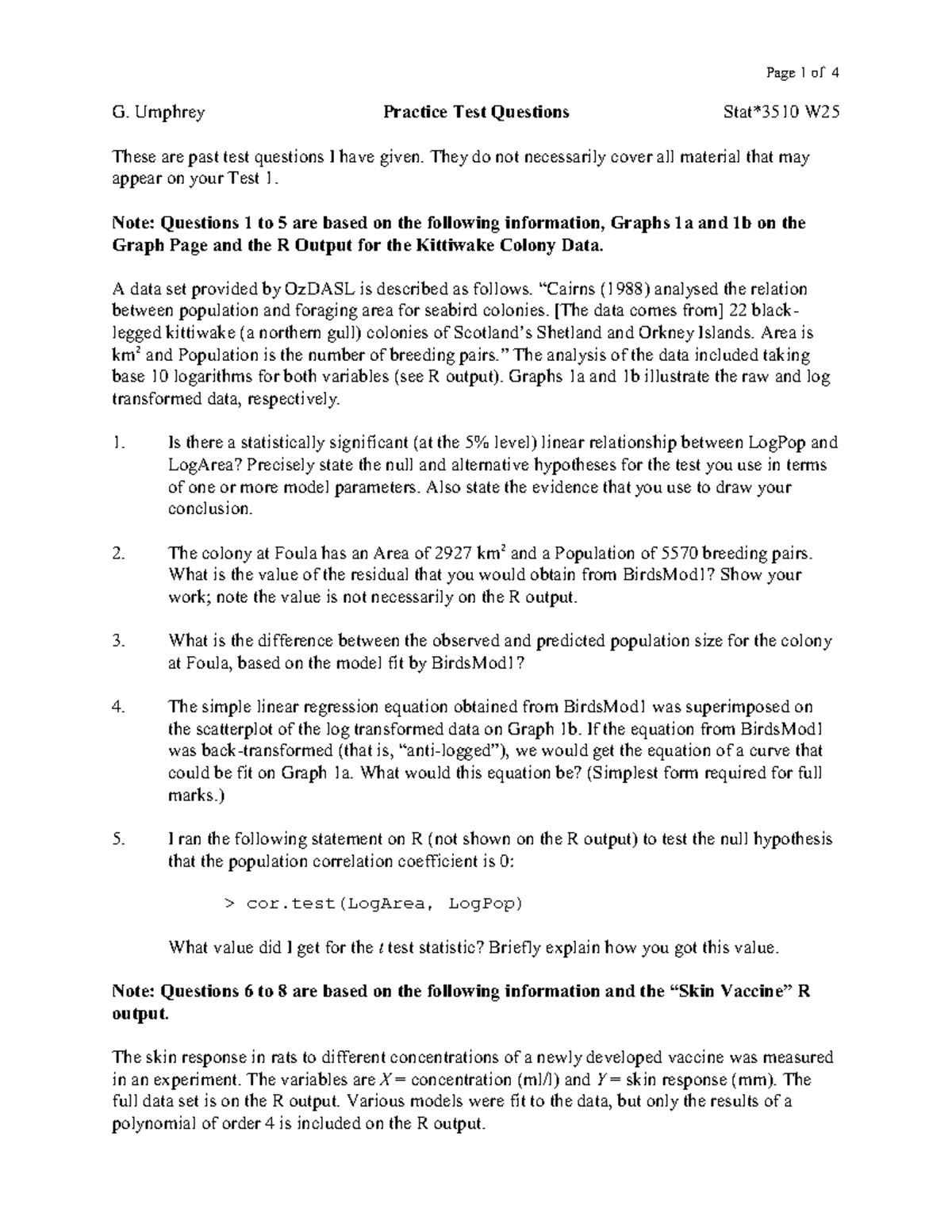 Practice Test Questions for STAT3510 W25 - Studocu