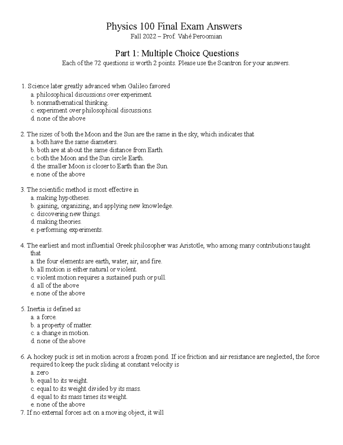 Physics 100 Fall 2022 Final Exam Answer Key and Explanations - Studocu