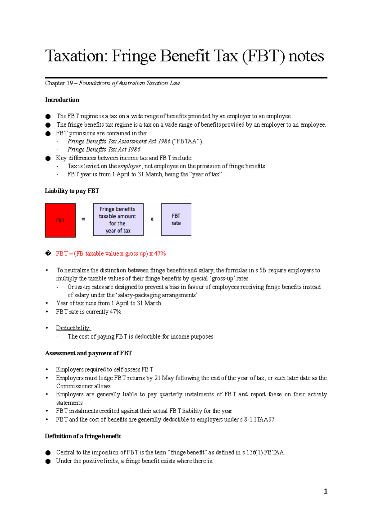 Taxation FBT Notes: Key Concepts and Calculations in FBT Law - Studocu