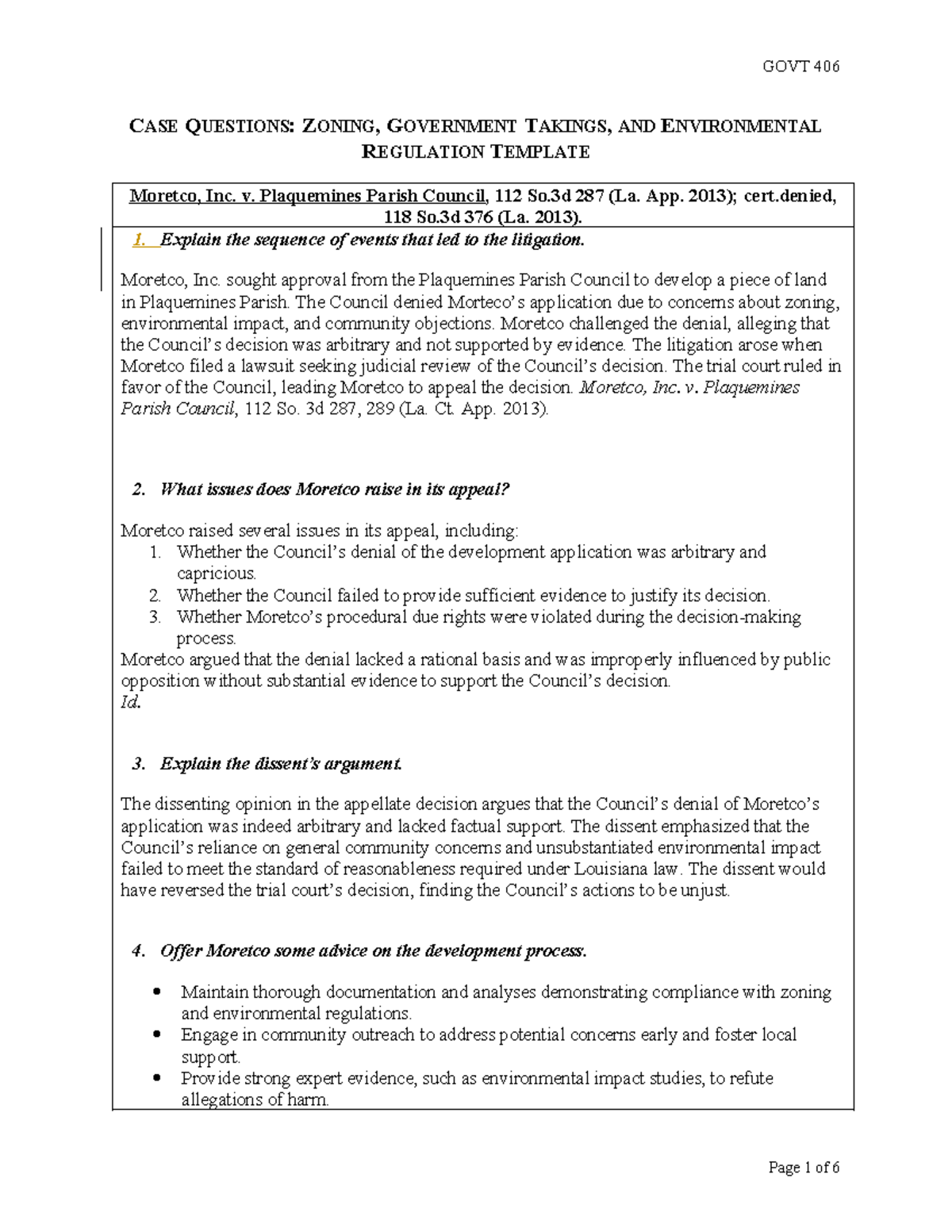 Case Questions Zoning, Government Takings, and Environmental ...