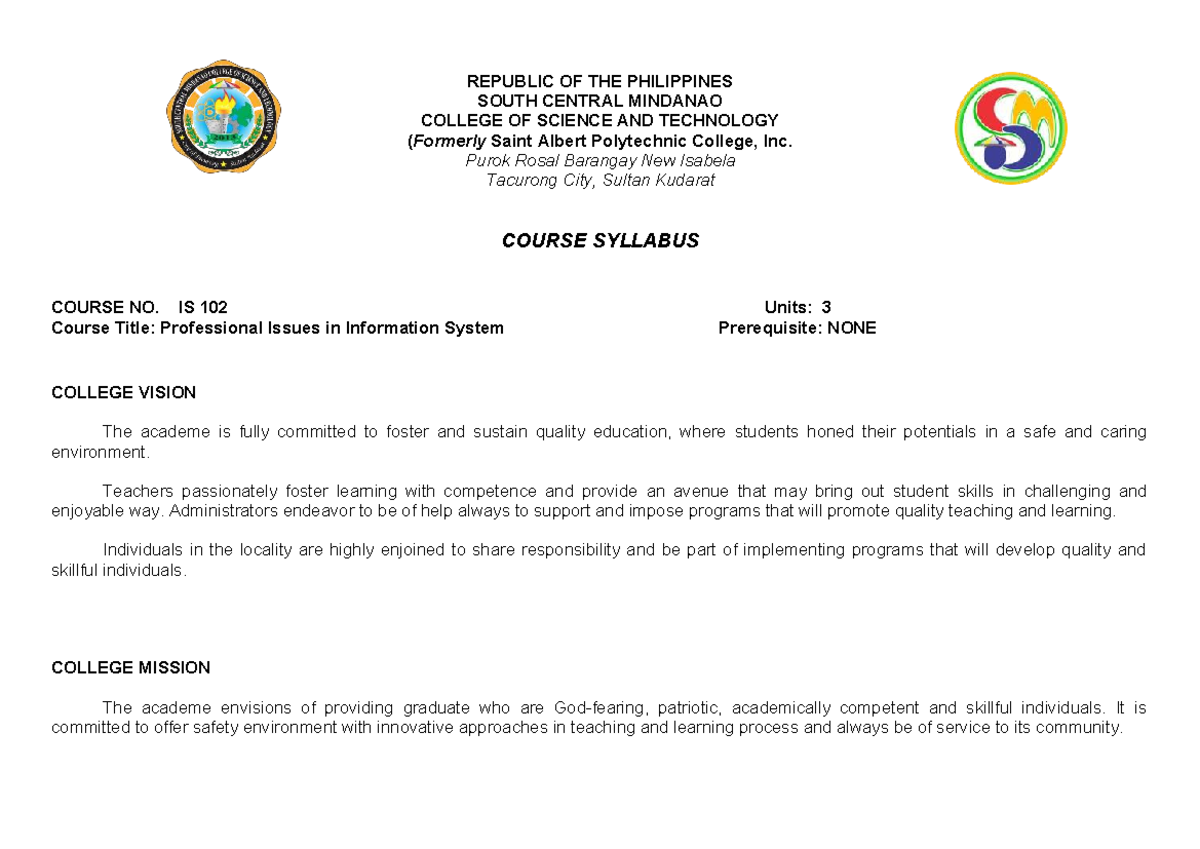 IS 102: Professional Issues in Information System Course Syllabus - Studocu