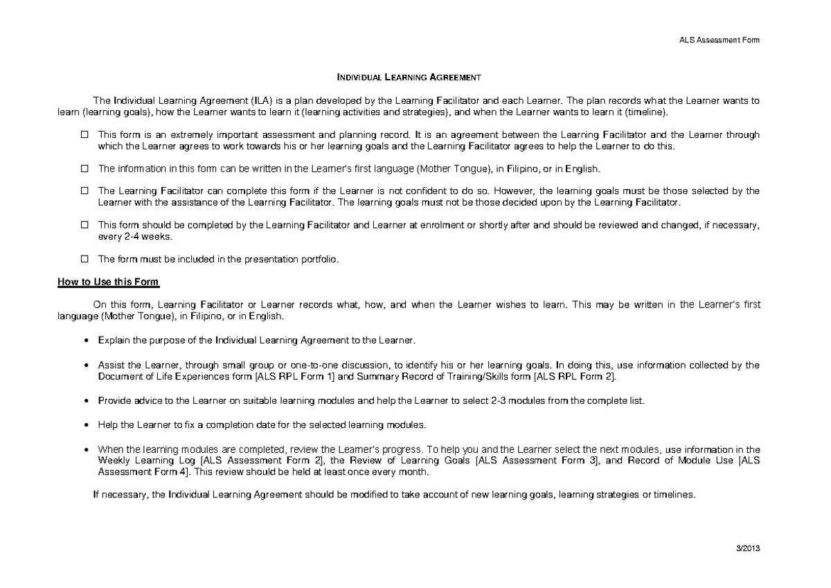 ILA 2013 Individual Learning Agreement & Weekly Learning Log Forms 1-4 ...