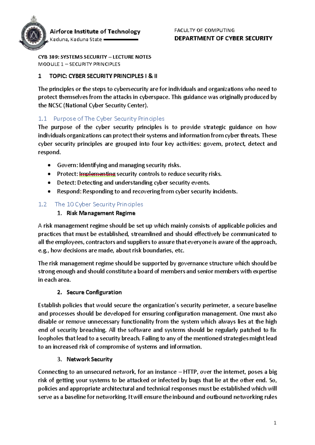 CYB 309: Systems Security - Lecture Notes on Security Principles - Studocu