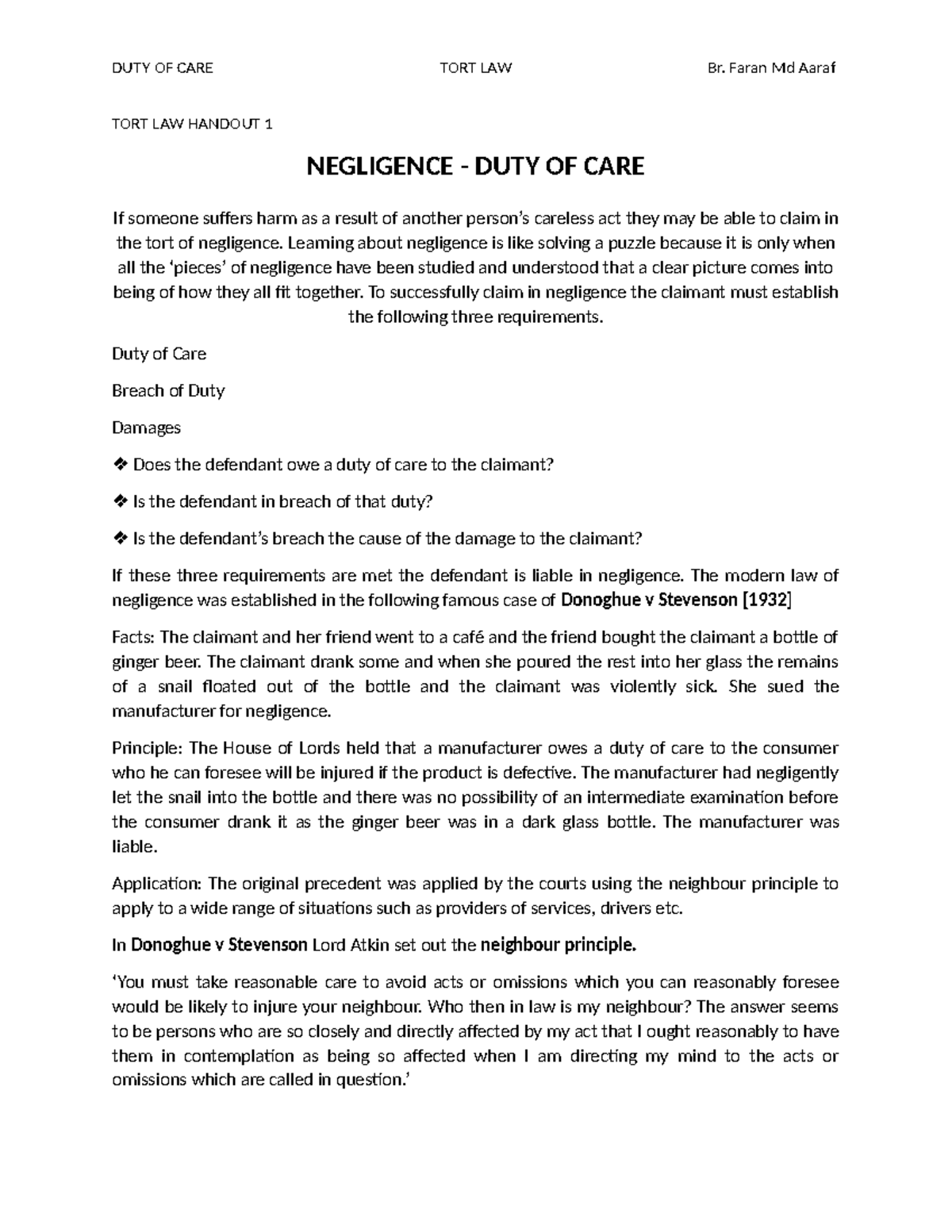 DUTY OF CARE IN TORT LAW: A Comprehensive Study Guide (FMA) - Studocu