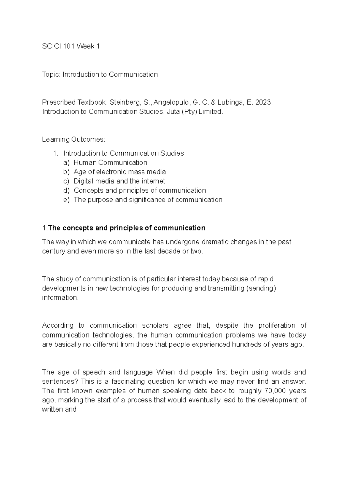 SCICI 101 Lecture 1: Introduction to Communication Studies - Studocu