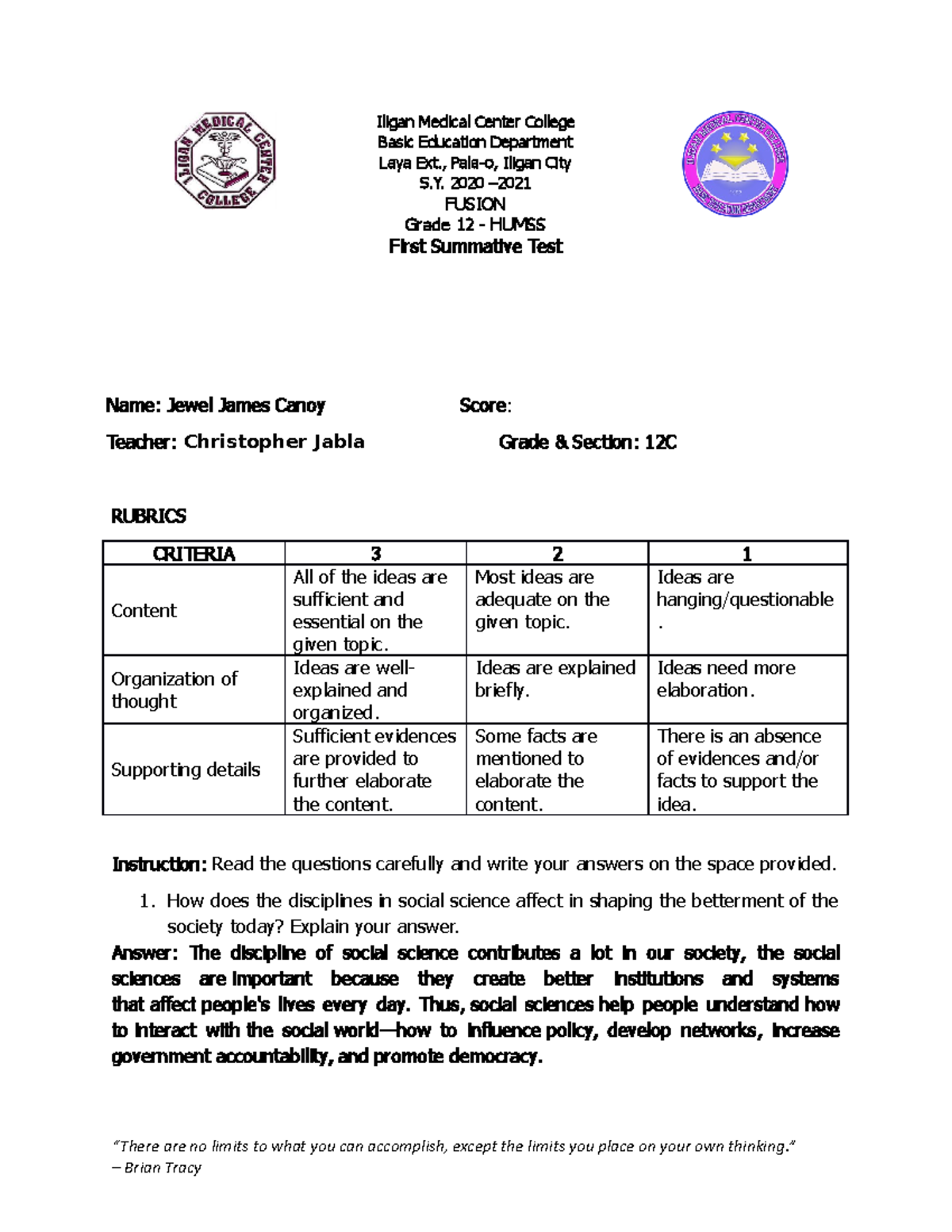 Fusion First Summative TEST - Iligan Medical Center College Basic ...