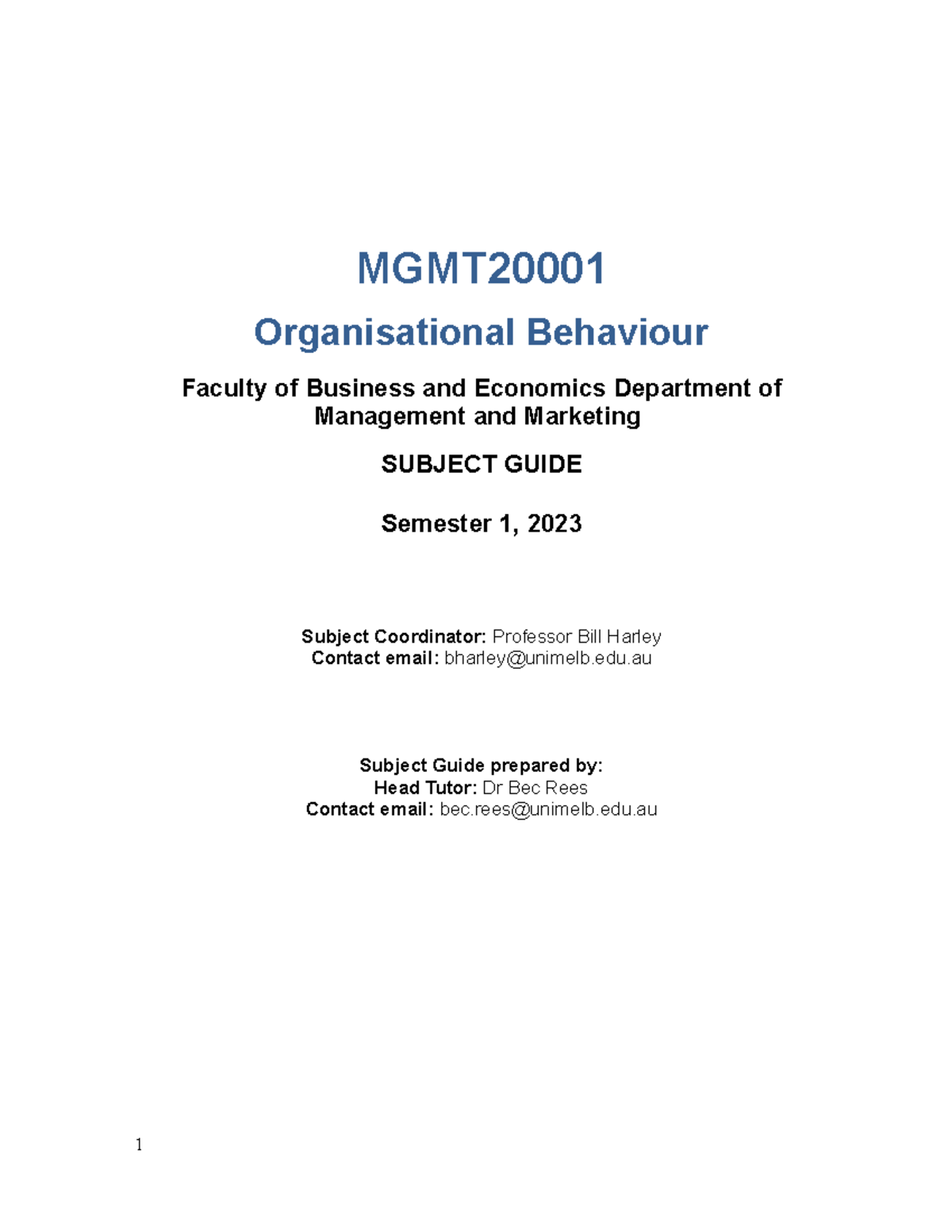 MGMT20001 OB Subject Guide for Semester 1, 2023 - Studocu