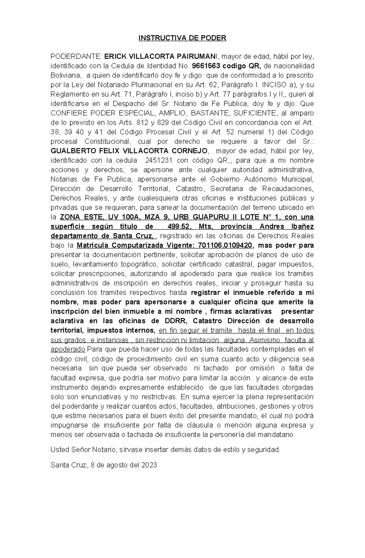 Poder erick villacorta pairumani - INSTRUCTIVA DE PODER PODERDANTE ...