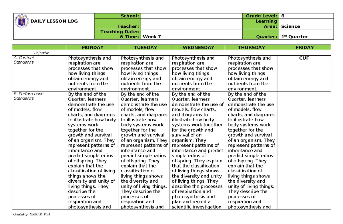 Science 8 Q1 Week 6 Daily Lesson Log on Living Things and Cycles - Studocu