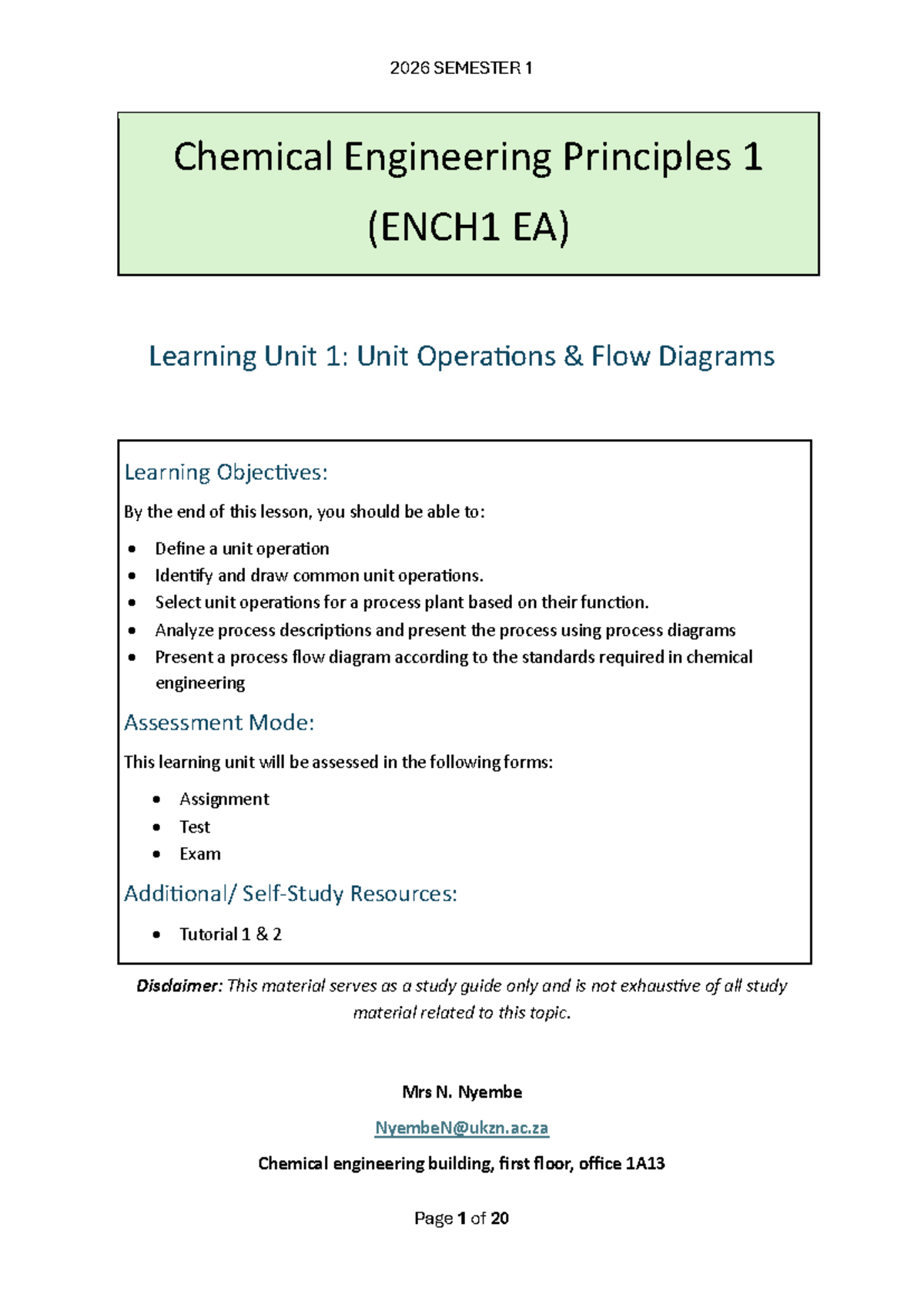 2026 SEMESTER 1 ENCH1 EA Learning Unit 1: Unit Operations Flow Diagrams ...
