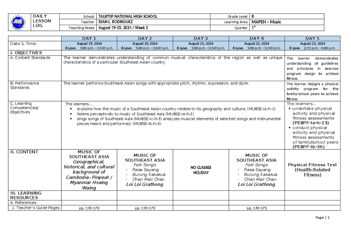 DLL WEEK 3 Q1 Music 8 - Lesson Plan - DAILY LESSON LOG School TALIPTIP ...
