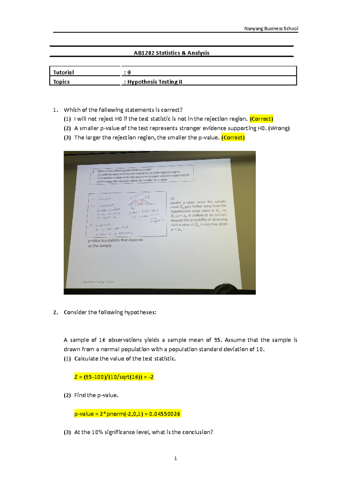 AB1202 Statistics Tutorial 9: Hypothesis Testing II Questions - Studocu