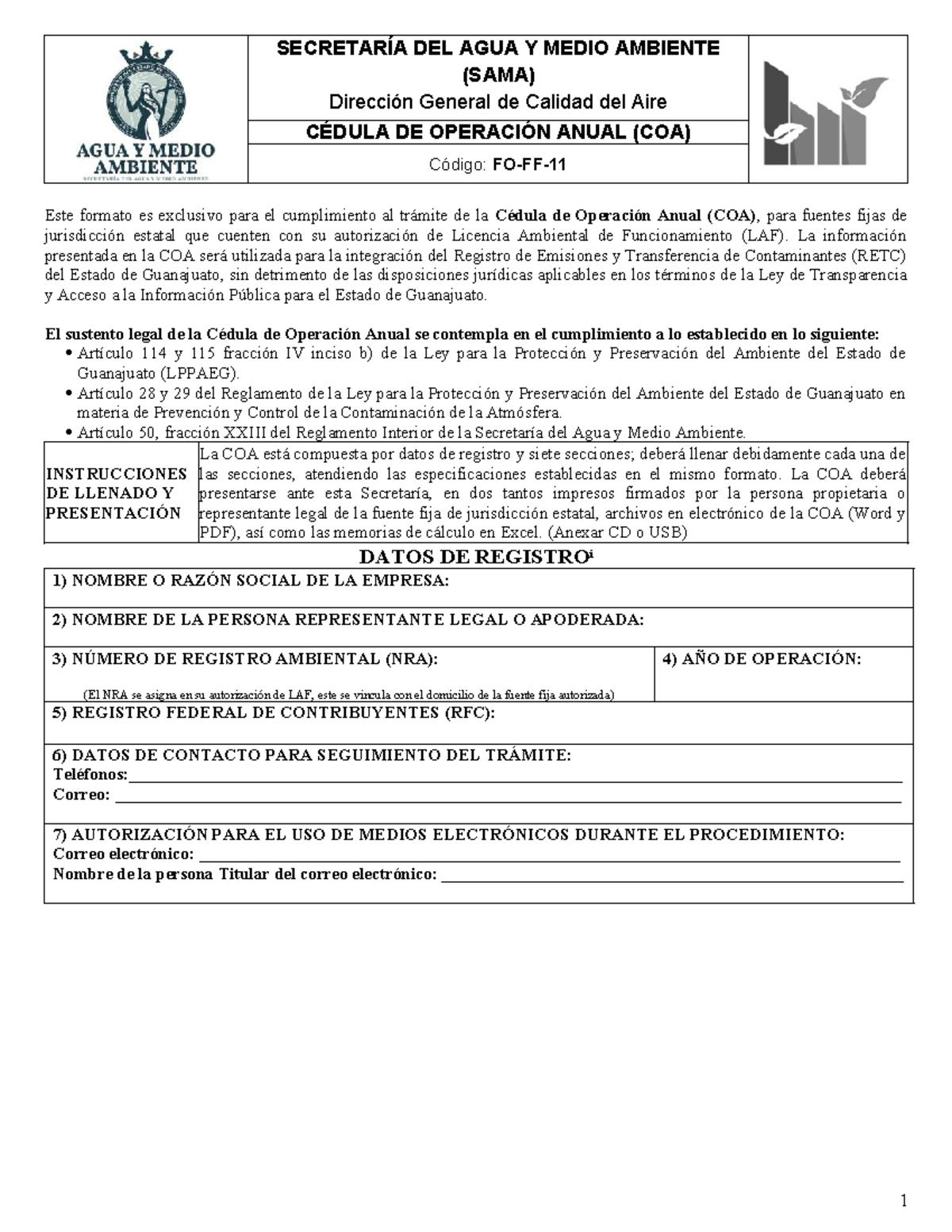 Cédula de Operación Anual (COA) - Secretaría del Agua y Medio Ambiente ...