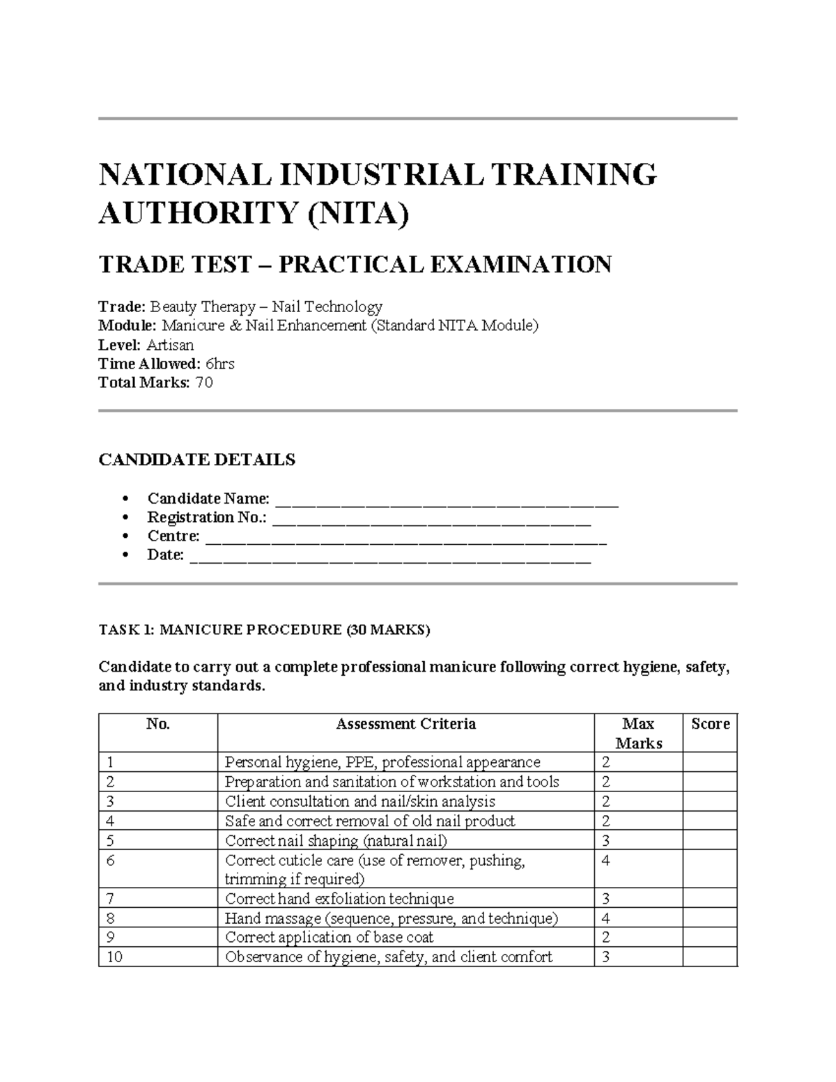 NITA Trade Test Practical Exam: Beauty Therapy Checklist - Studocu
